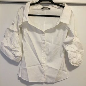 Zara open-neck button down blouse w/ puff sleeve